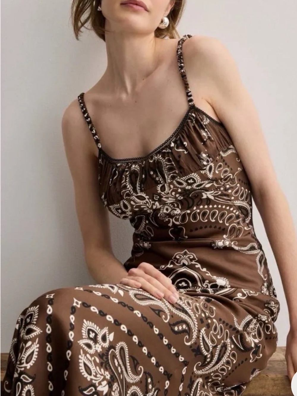 Camila Coelho Brown white Paisley Maxi Slip Dress